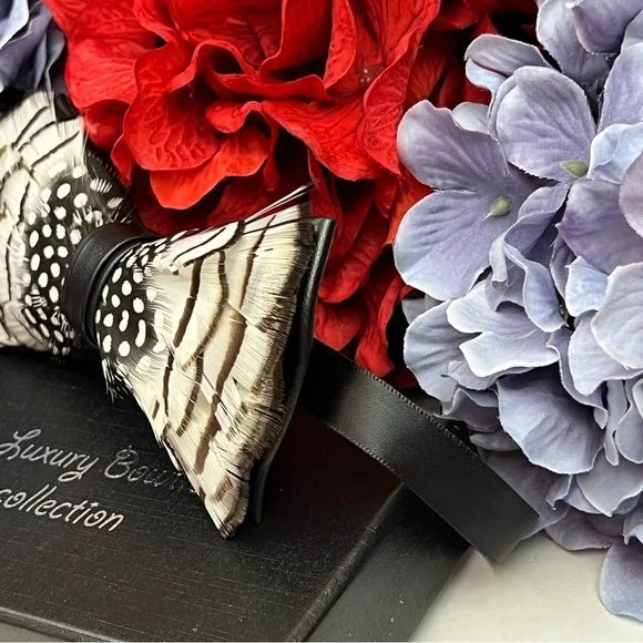 Handmade Black and White Feather Bow Tie Boutonnière Lapel Pin Set - Picture 7 of 16